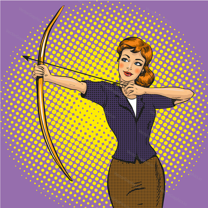 Vector illustration of lady archer stringing the bow in retro pop art comic style. Archery concept.