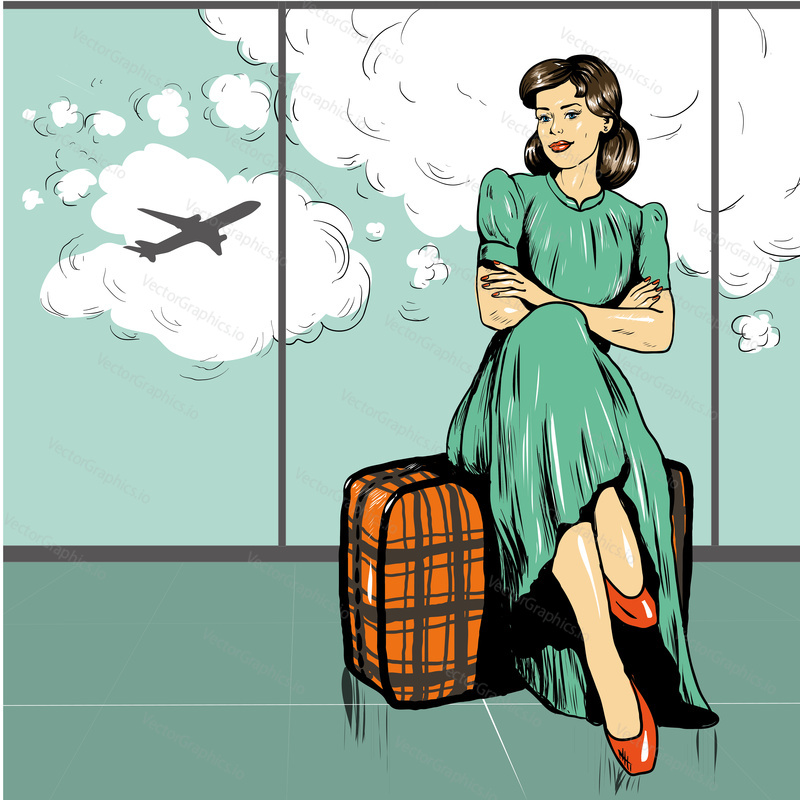 Beautiful woman sit on a bag in airport. Vector illustration in comic retro pop art style.