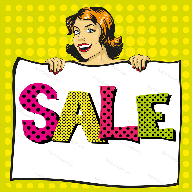 Woman holds white paper poster with Sale sign. Pop art comic retro style vector illustration. Put your own text template.