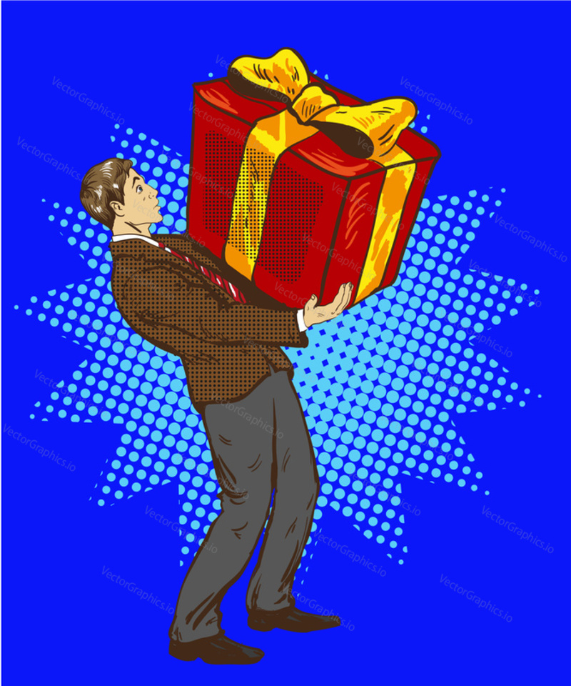 Man holds big gift box. Vector illustration in retro comic pop art style. A guy with christmas or birthday gift.