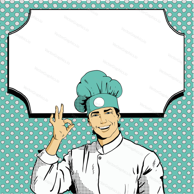 Chef shows OK sign with blank board behind. Vector illustration in retro comic pop art style. Restaurant business concept.