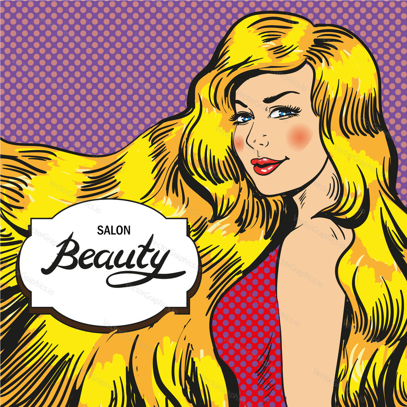 Vector illustration of beautiful blonde girl with long and wavy hair. Retro pop art comic style design element, template for beauty salon.