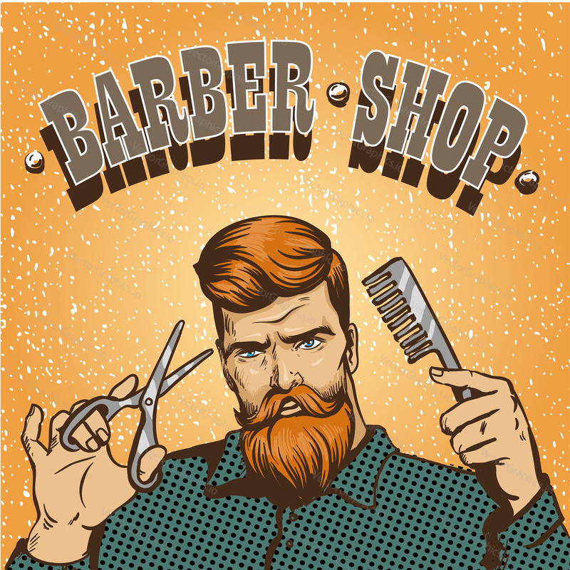 Barber shop poster vector illustration. Hipster barber stylist with scissors shop design in vintage pop art style.
