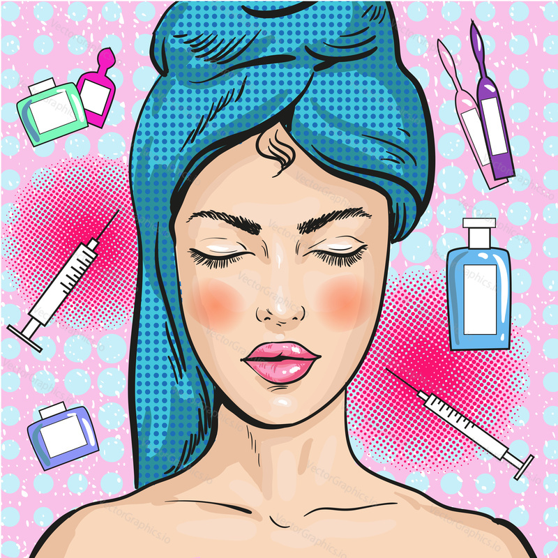 Vector illustration of woman in beauty salon in retro pop art comic style. Facial treatment, rejuvenation, cleansing concept.