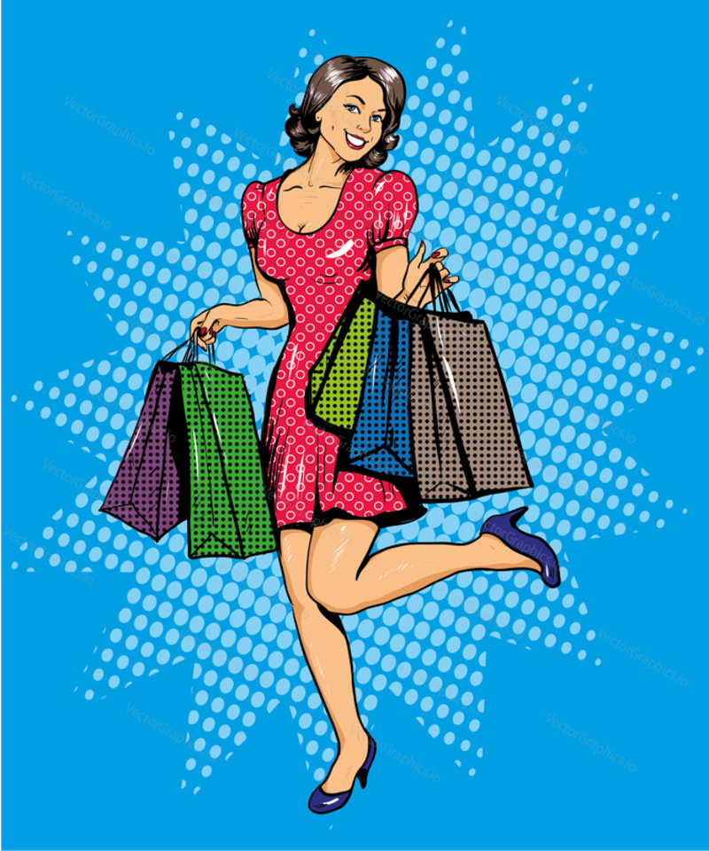 Woman with bags shopping. Vector illustration in comics pop art style. Special sale offers advertising poster.