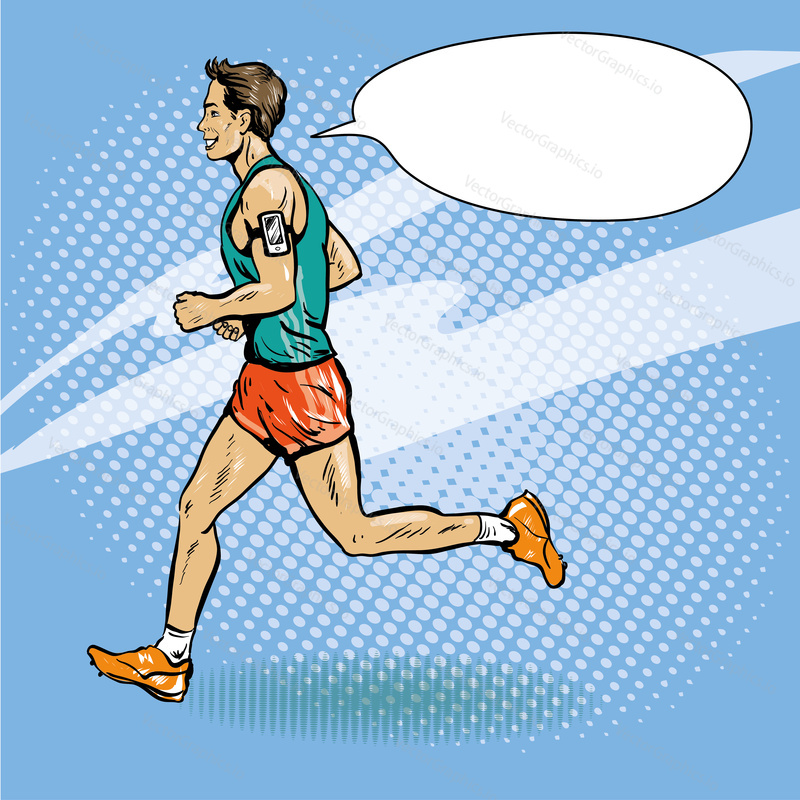 Sportsman running concept vector illustration in retro comic pop art style. Man athlete run marathon.