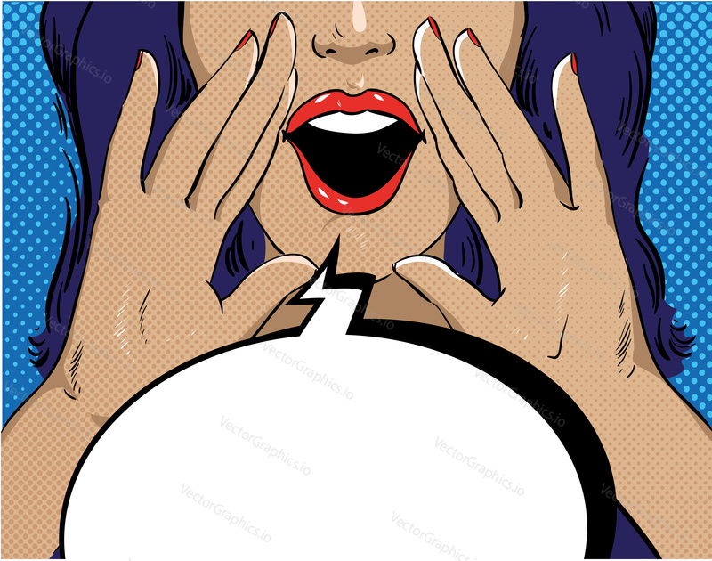 Woman with speech bubble in retro pop art style. Girl screaming template comic vector illustration. Face with open mouth.