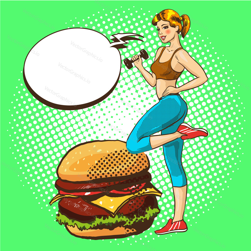 Vector illustration of young woman exercising with dumbbell. Fitness girl, giving preference to healthy life, speech bubble, retro pop art comic style.