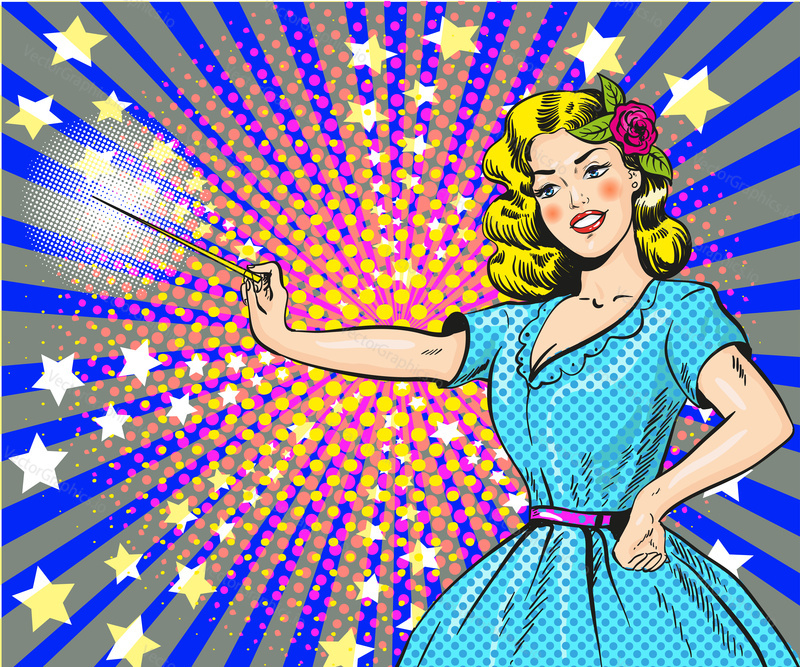 Vector illustration of young woman with magic wand. Beautiful girl looking like a fairy in retro pop art comic style.