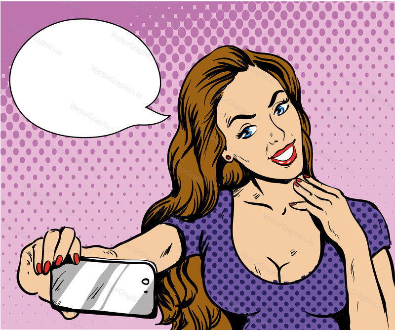 Beautiful woman taking selfie with her smartphone. Vector illustration in retro comic pop art style. Girl with speech bubble.