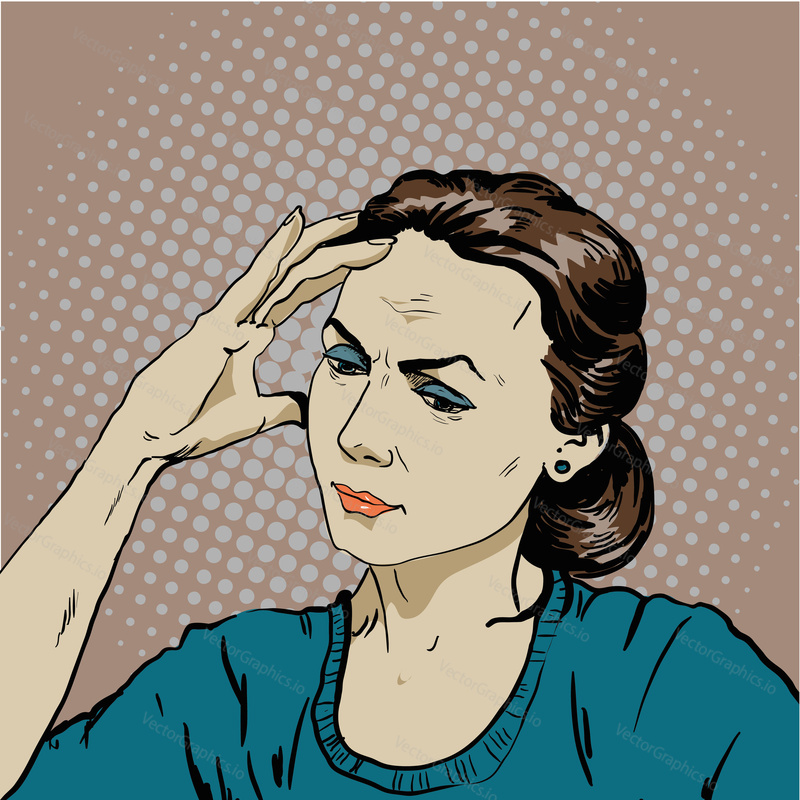 Woman in stress has headache. Vector illustration in pop art retro comic style. Thinking woman.