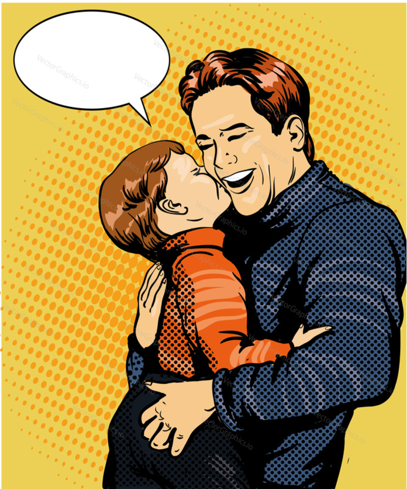 Happy family pop art vector illustration. Father with son retro style concept.