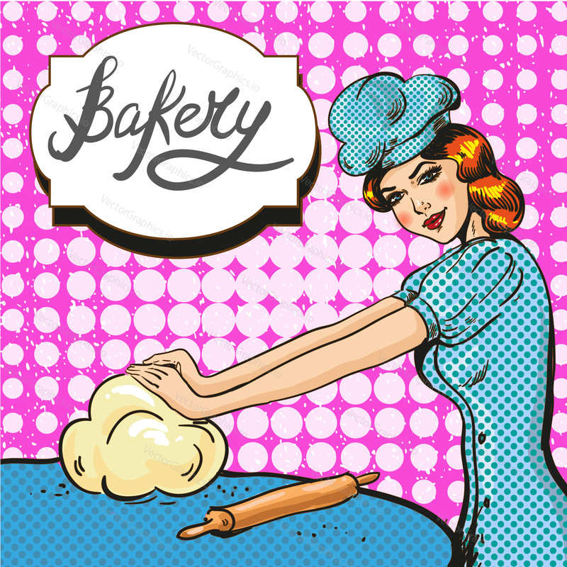 Vector illustration of young woman kneading pastry or dough. Bakery concept, retro pop art comic style.