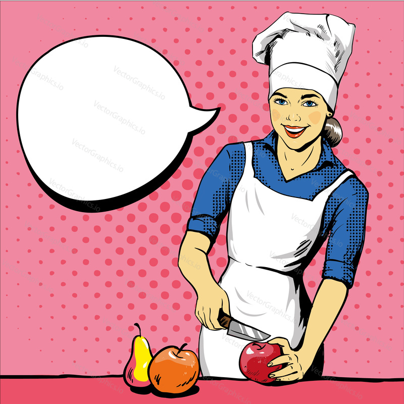 Beautiful woman cooking. Vector illustration in retro pop art style. Female chef in uniform. Restaurant concept.
