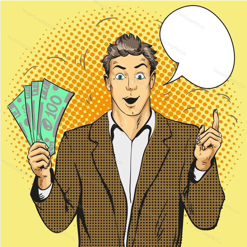 Rich handsome guy hold money and point his finger up. Business and finance concept vector illustration in retro comic pop art style.