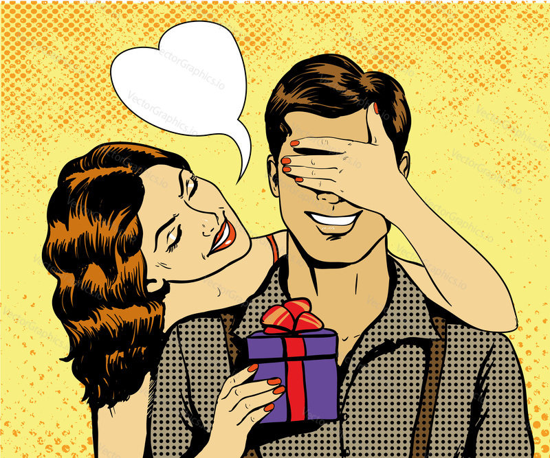 Woman present gift to man. Heart shape speech bubble. Vector illustration in retro comic pop art style. Beautiful girl with christmas or birthday gift.