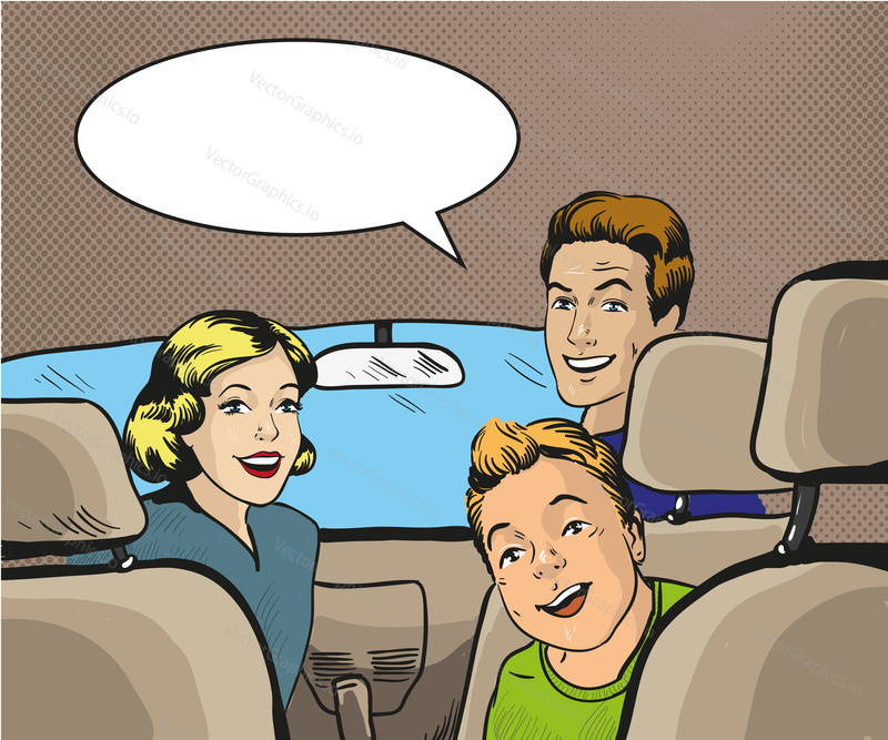Family sitting in the car looking back. Vector illustration in pop art style, retro comic book. Speech bubble