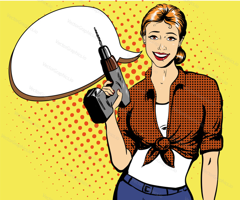 Woman with drill vector illustration in retro comic pop art style. Girl with hardware power tools. Woman with speech bubble.