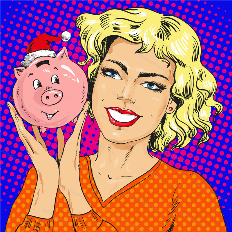 Vector illustration of happy young woman holding piggy bank in christmas hat, retro pop art comic style.