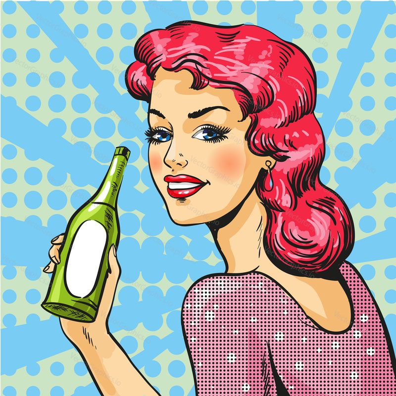 Vector illustration of beautiful woman with bottle of wine in retro pop art comic style. Celebration event.