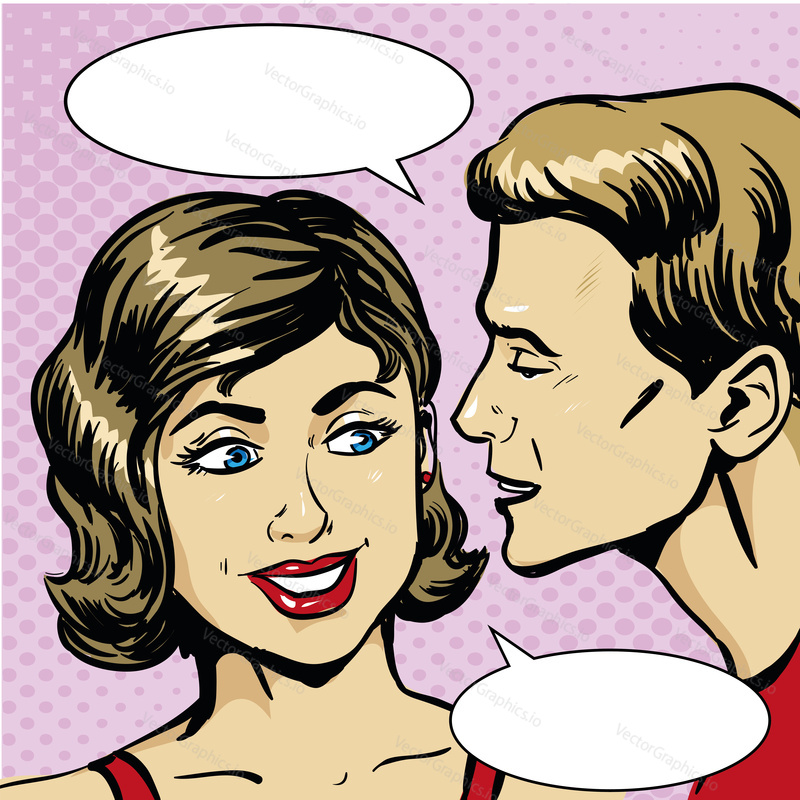 Pop art retro comic vector illustration. Man whispering gossip or secret to woman. Speech bubble.