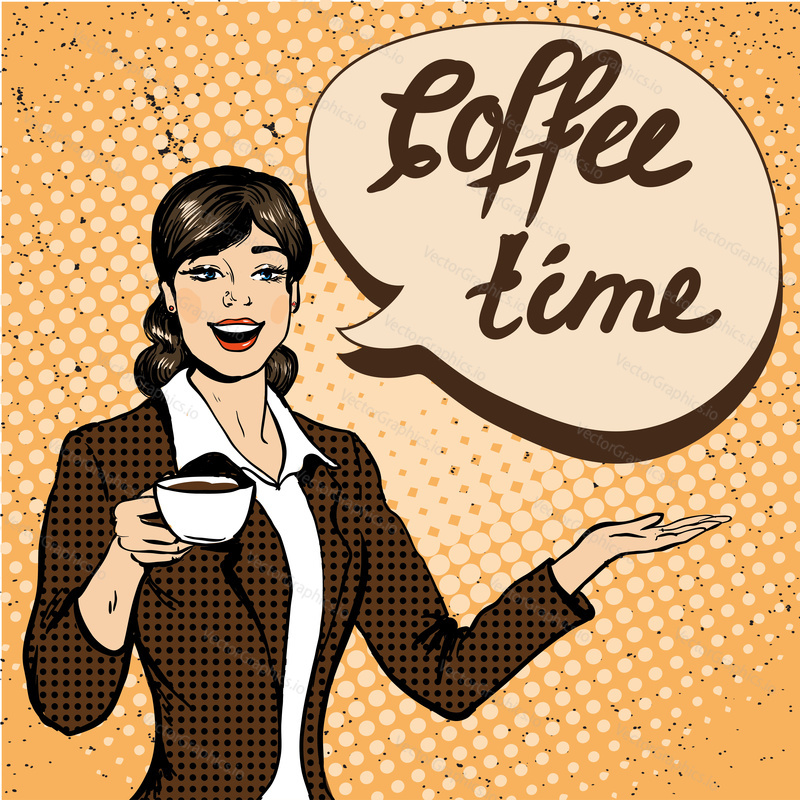 Beautiful woman drinks coffee vector illustration in retro comic pop art style. Coffee time concept poster.