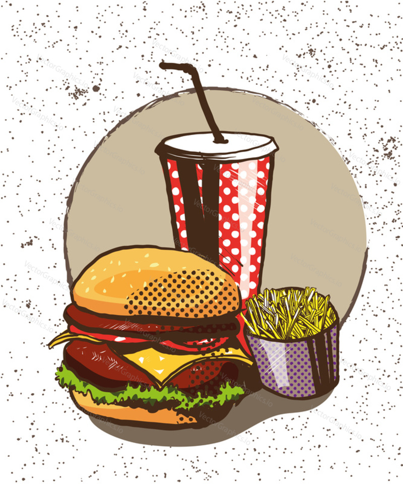 Fast food poster in retro pop art style. Vector comic illustration. Concept graphic background with burger, fries and soda.