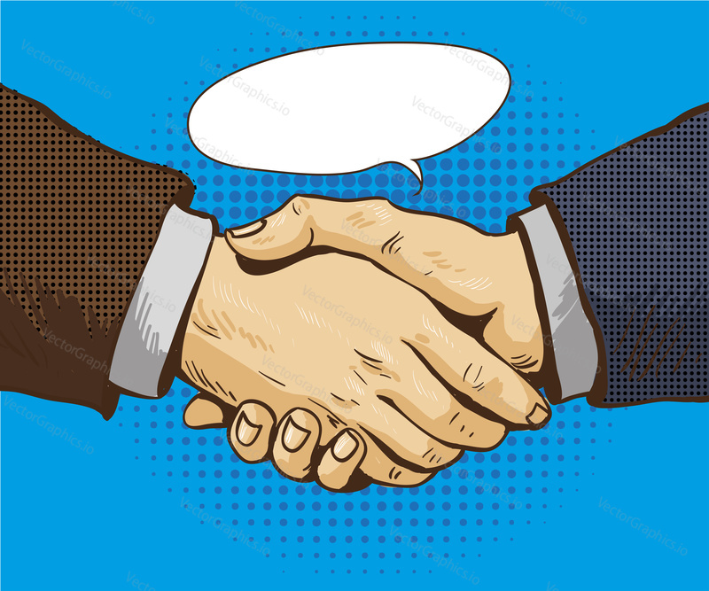 Businessmen shake hands vector illustration in retro pop art style. Partnership handshake concept poster in comic design.
