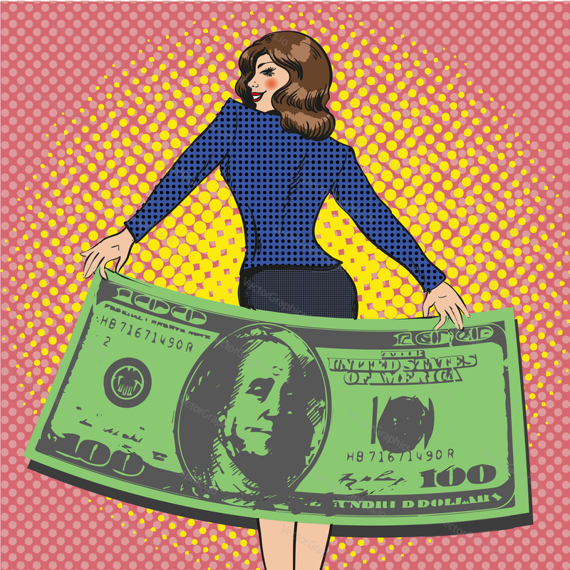 Vector illustration of rich business woman with a hundred dollar bill in retro pop art comic style.