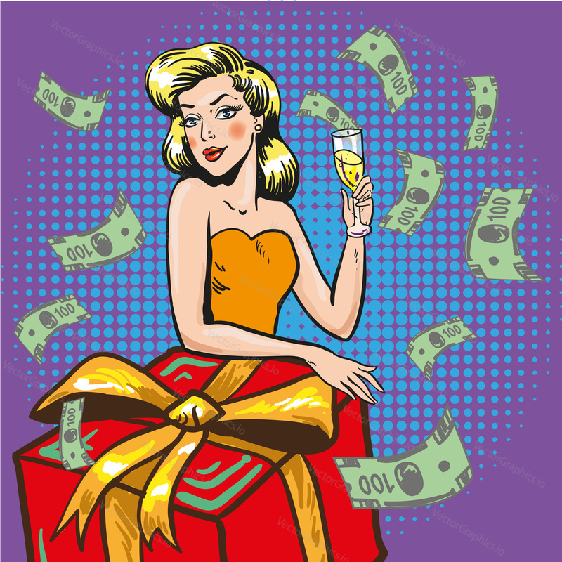 Vector illustration of beautiful young woman with glass of champagne, gift box and paper money around her. Woman throwing her money about. Retro pop art comic style.