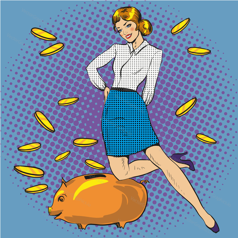 Vector illustration of happy young woman and piggy bank with coins in retro pop art comic style.