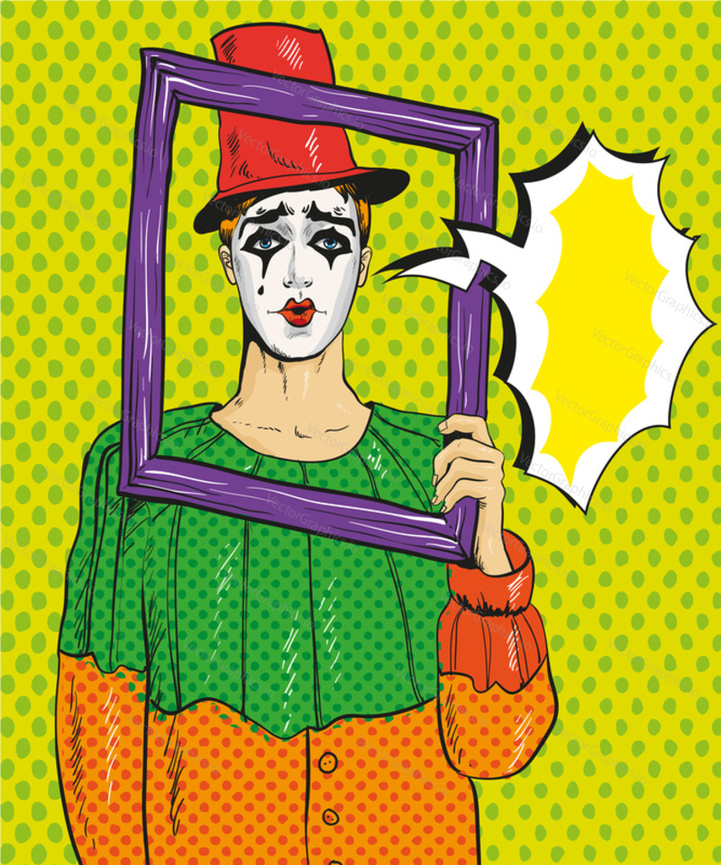 Vector illustration of Pierrot with picture frame and speech bubble. The man in the costume of Pierrot in retro pop art comic style.