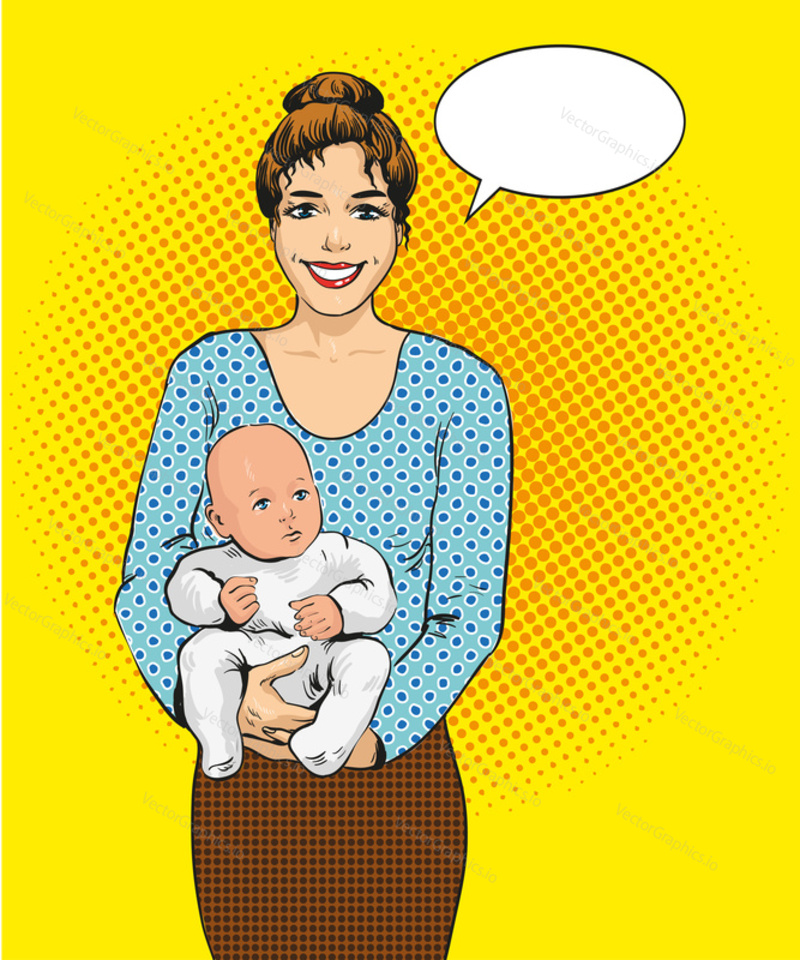 Woman holding a child vector illustration in retro pop art style. Mother with her kid comic design poster.