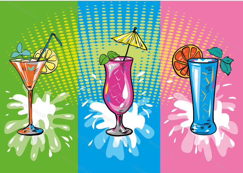 Vector set of colorful sketch cocktails and drinks.