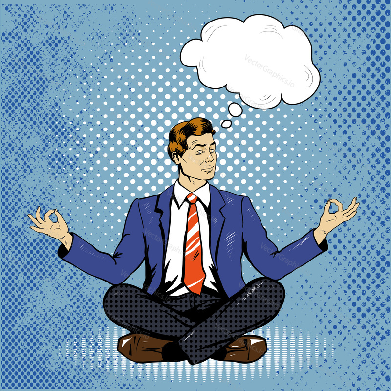 Meditating man with speech bubble in retro pop art comic style. Mental balance and yoga concept.