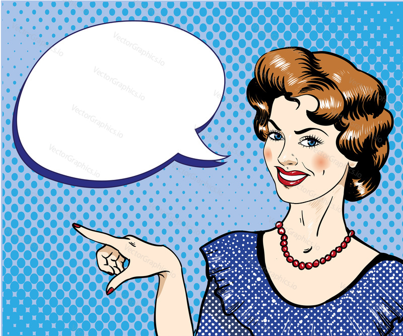 Woman with speech bubble pointing finger vector illustration in retro comic pop art style.