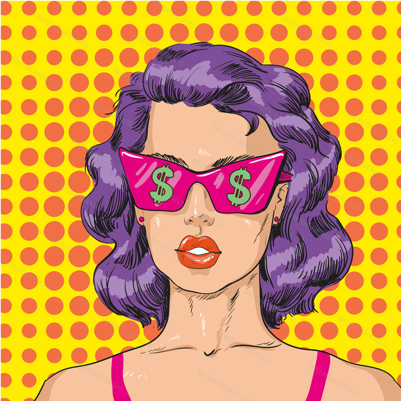 Vector Illustration of woman in pink sunglasses with dollar sign in retro pop art comic style. She looks at life through rose-tinted glasses.