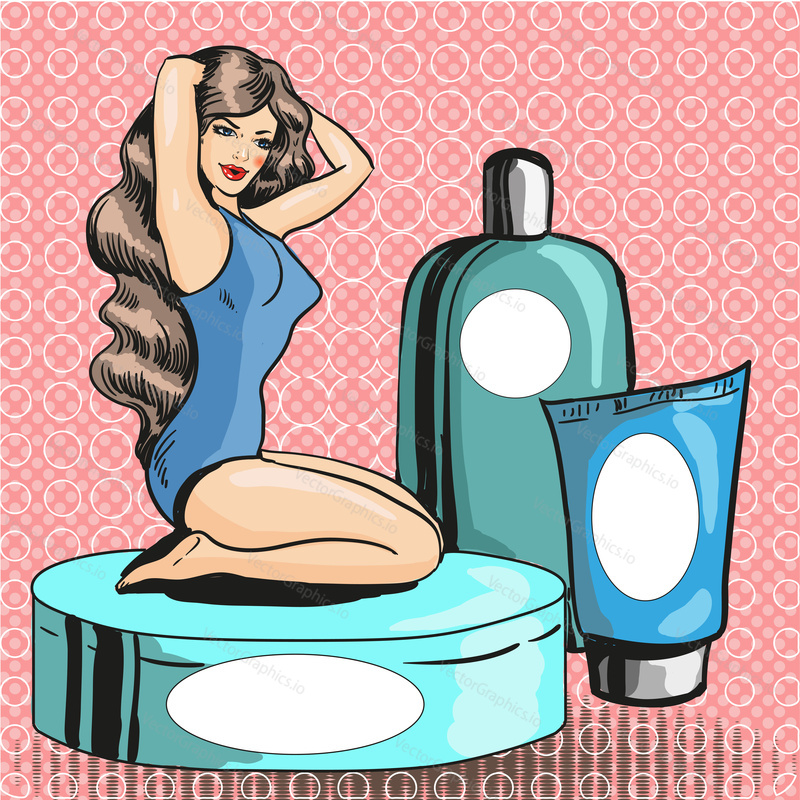 Векторная иллюстрация красивой женщины с длинными волнистыми волосами в купальнике. Концепция салона красоты и спа-салона в стиле комиксов ретро-поп-арта.