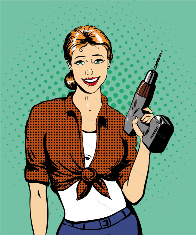 Woman with drill vector illustration in retro comic pop art style. Girl with hardware power tools.