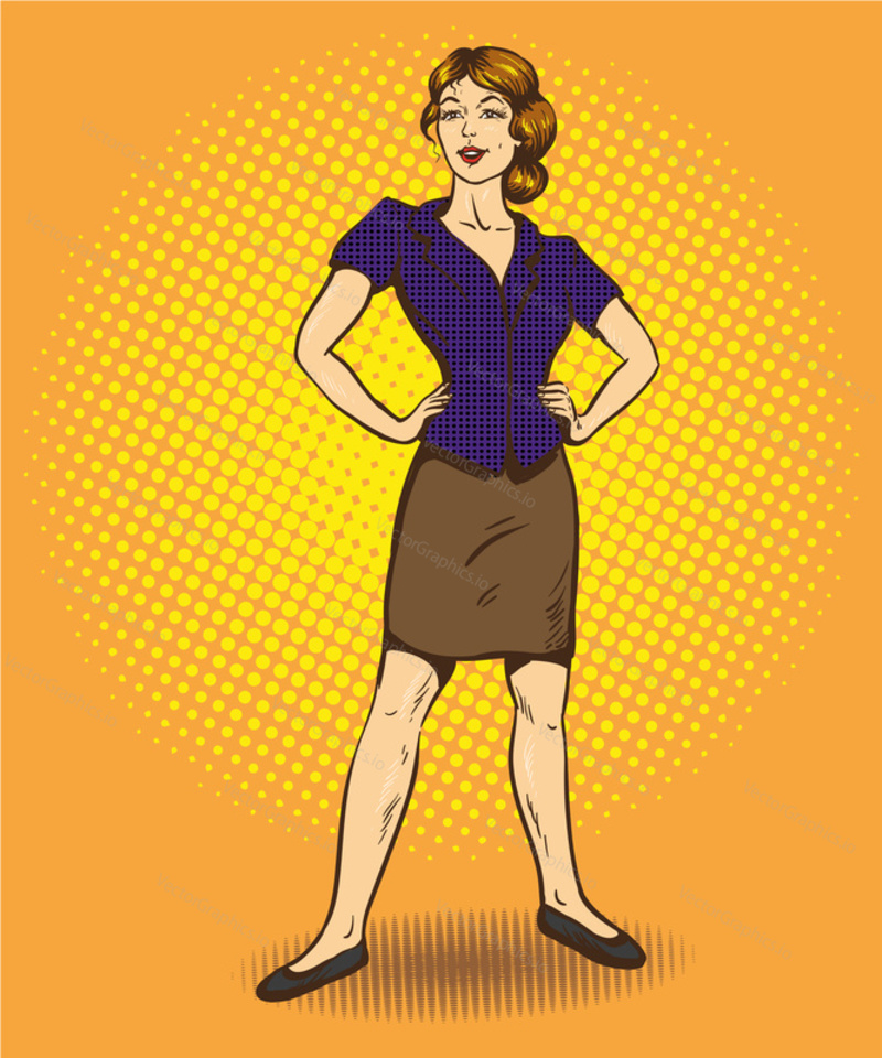 Woman standing in confident position retro comic pop art vector illustration. Speech bubble.