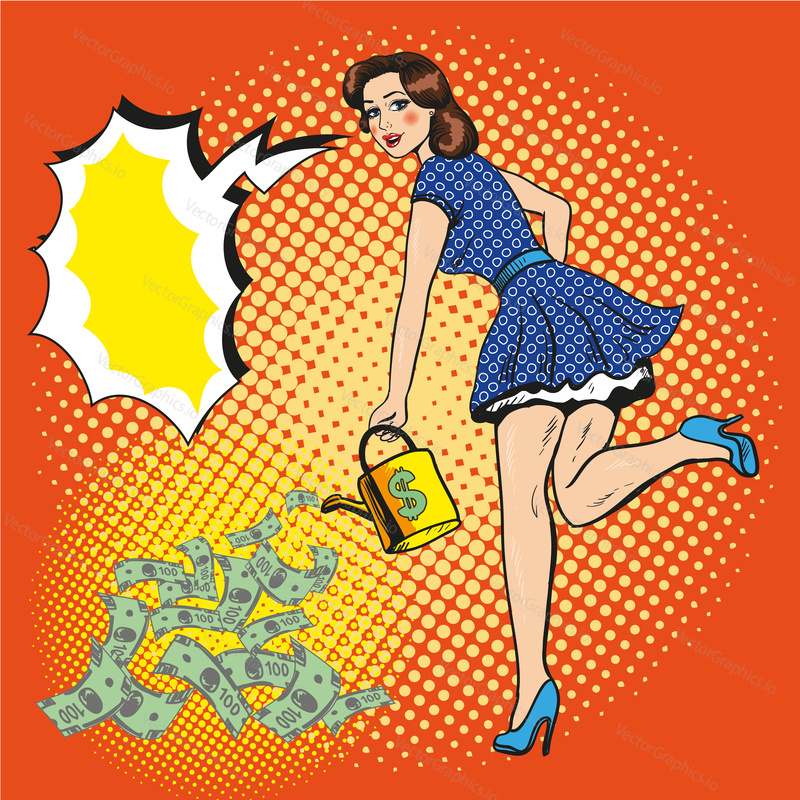 Vector illustration of rich and beautiful young woman watering paper money with watering can, speech bubble. Retro pop art comic style.