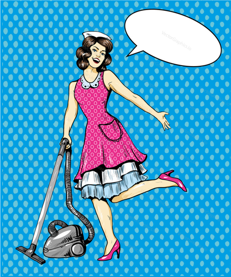 Woman vacuuming floor in house. Cleaning service concept vector illustration in retro comic pop art style.