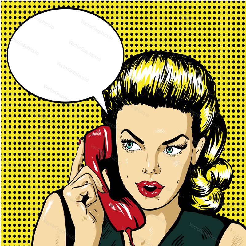 Woman talking by phone with speech bubble. Vector illustration in retro comic pop art style.