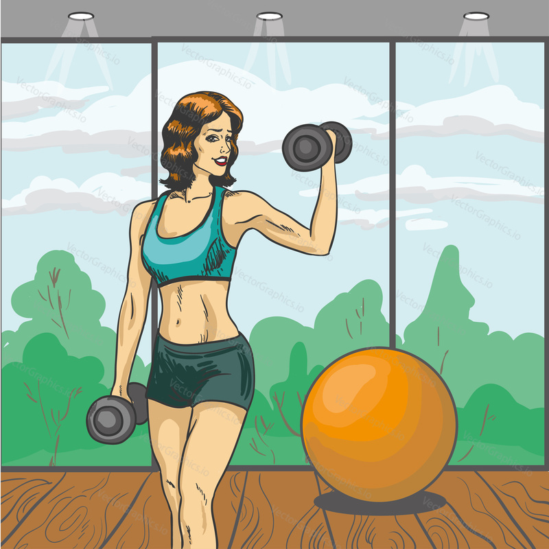 Woman with barbell vector illustration in retro pop art style. Sport fitness concept comic poster. Girl with slim body in gym.