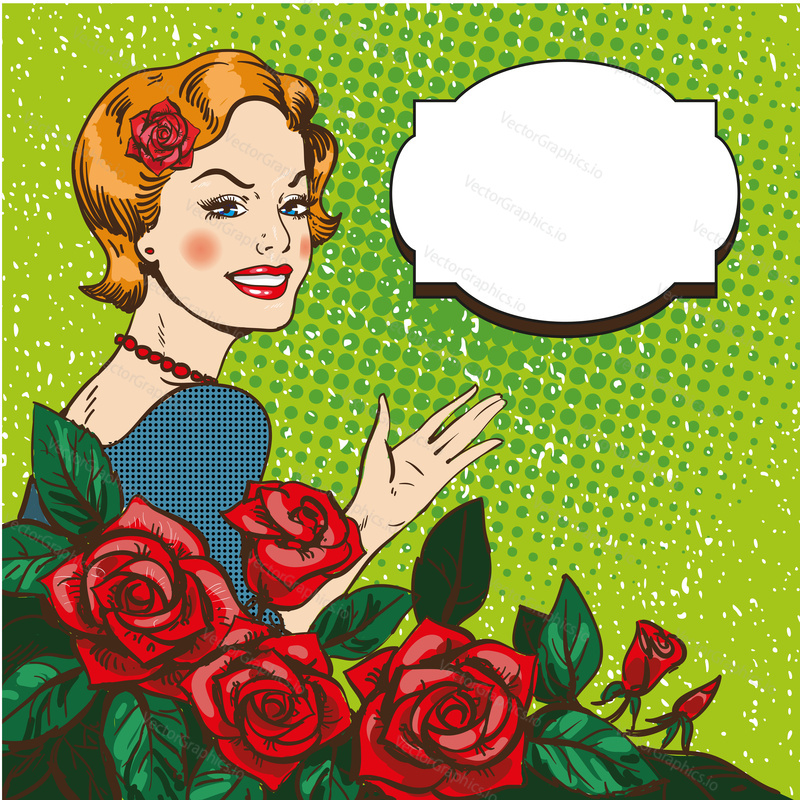 Vector illustration of beautiful woman with bouquet of red roses in retro pop art comic style. Speech bubble.