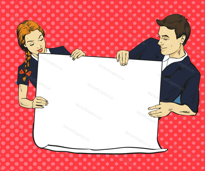 School boy and girl hold blank white paper poster. Vector illustration in comic pop art style. Put your own text.