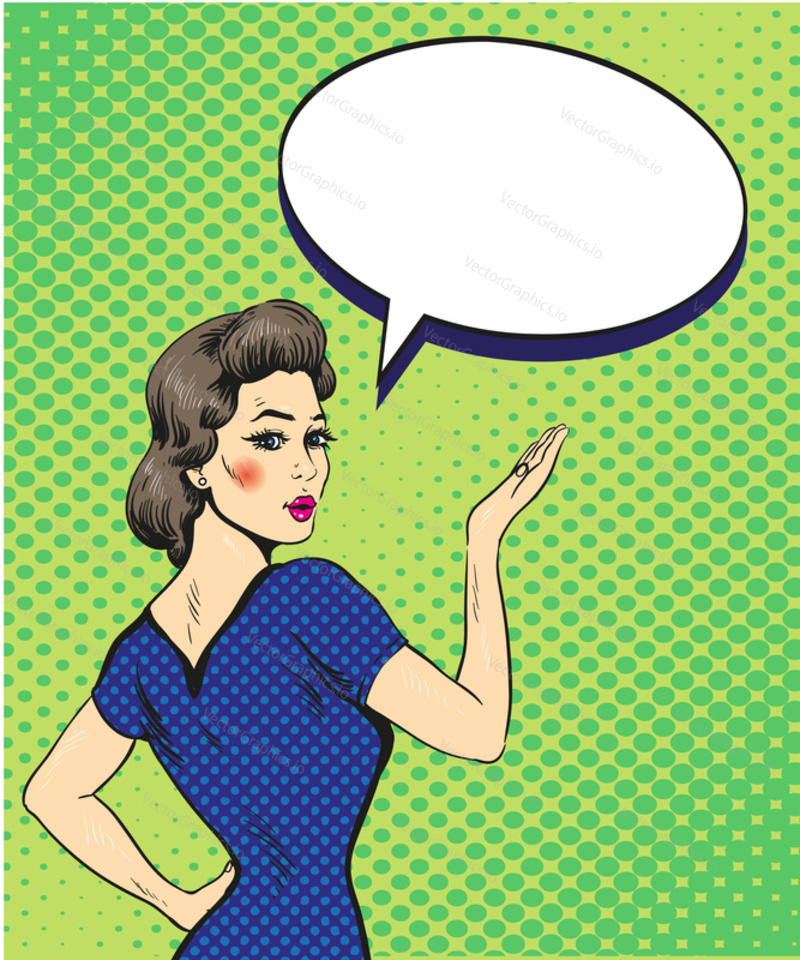 Pop art retro style woman point hand sign with speech bubble. Comic hand drawn design vector illustration.