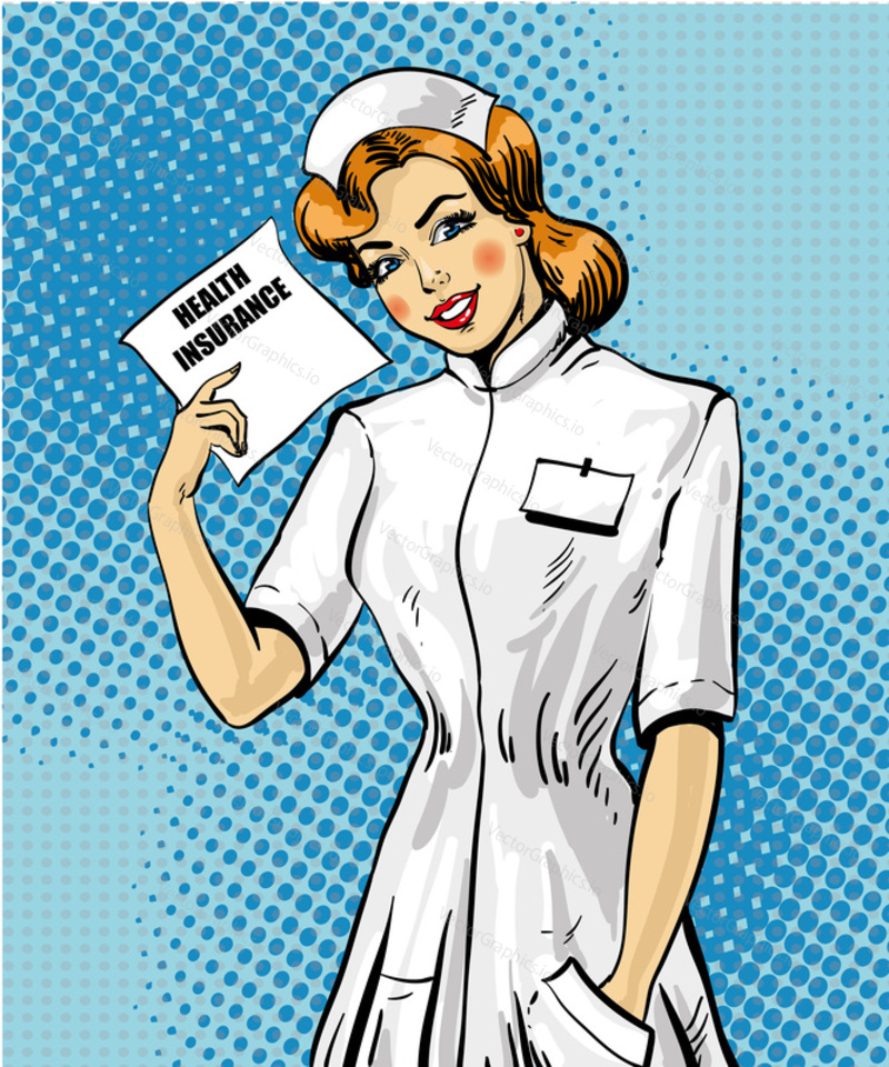 Vector illustration of nurse young woman holding health insurance blank, form. Health and medicine, medical insurance concept design element in retro pop art comic style.