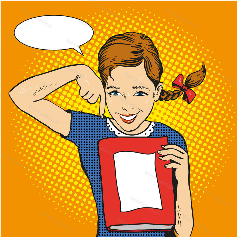 Happy girl hold a book in her hands. Vector illustration in comic retro pop art style. Back to school concept template.