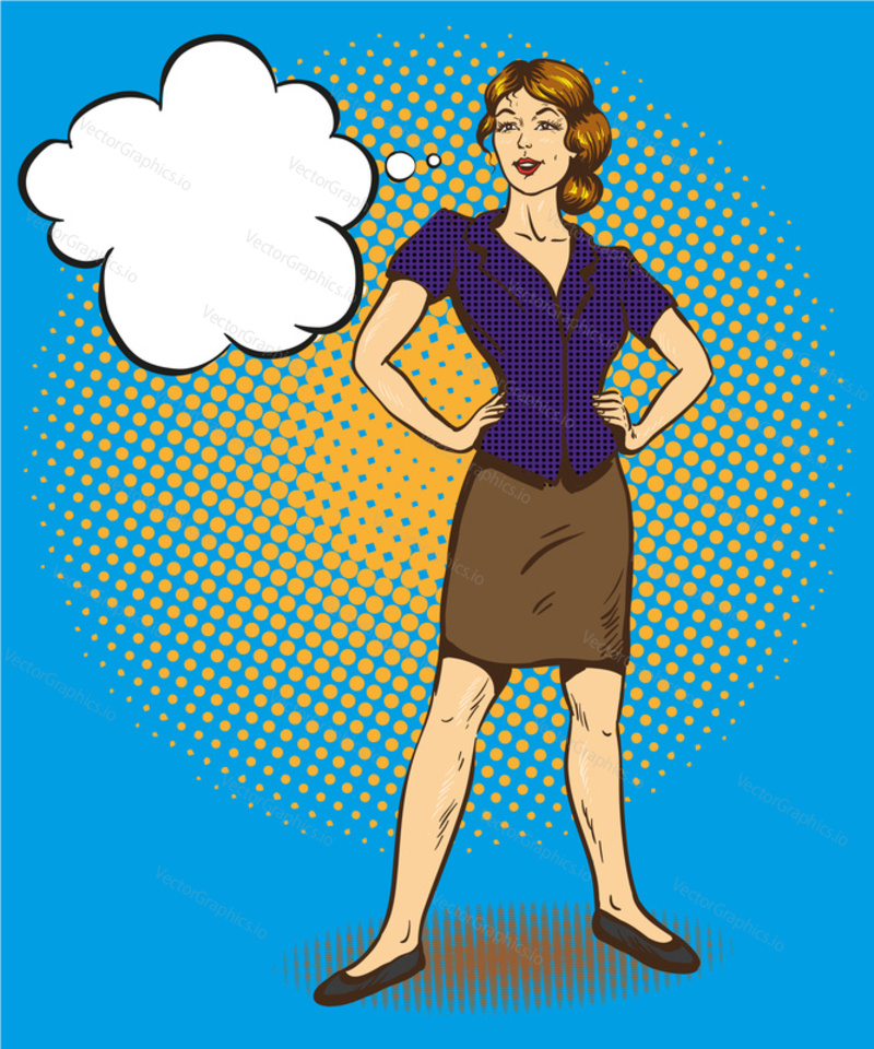 Woman standing in confident position retro comic pop art vector illustration. Speech bubble.